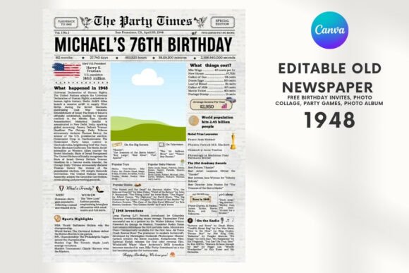 Download EDITABLE 1948 Birthday Vintage Newspaper - 1948 Collection